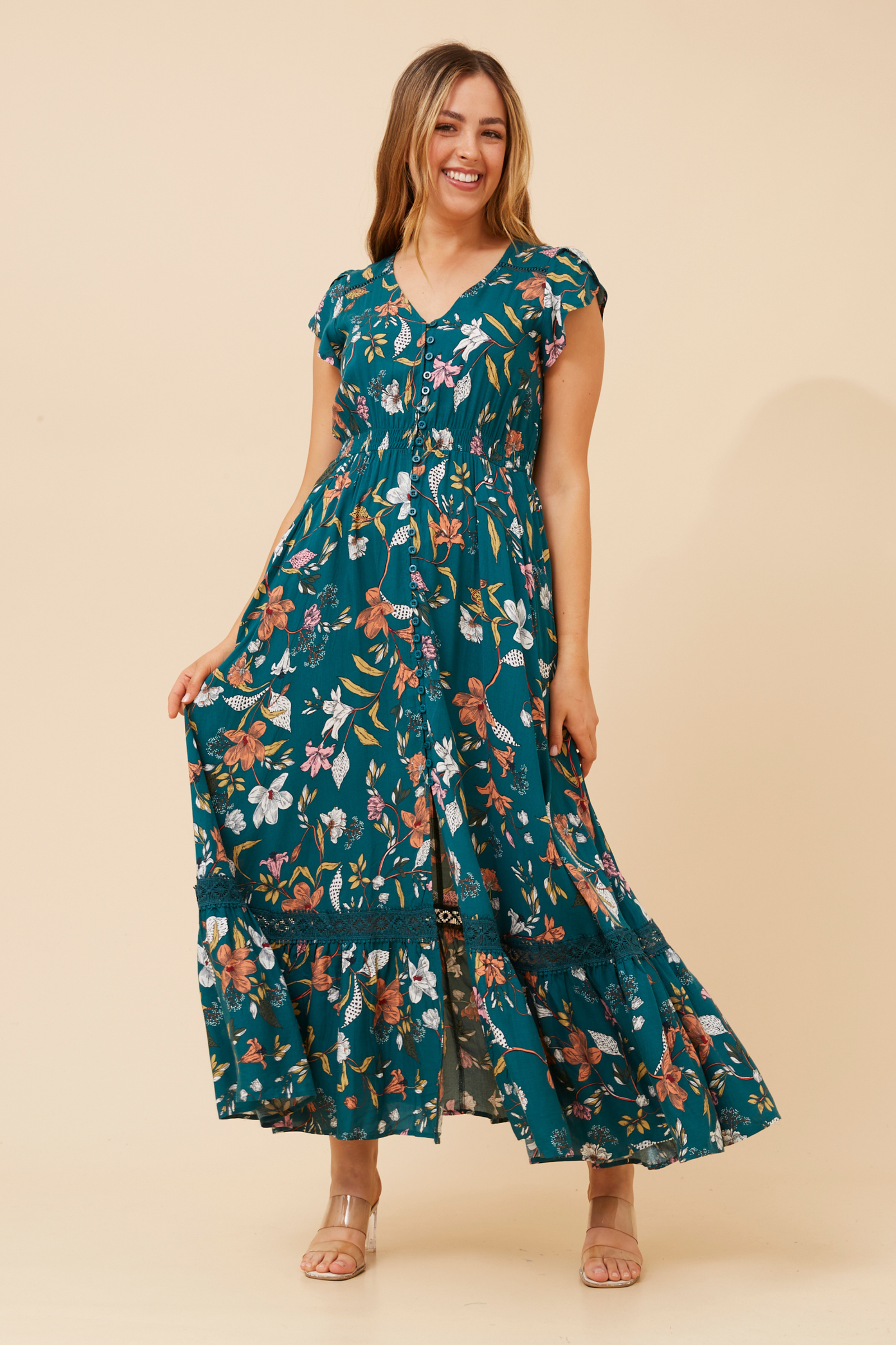 Dusky Maxi Dress | Green Floral Caroline K Morgan