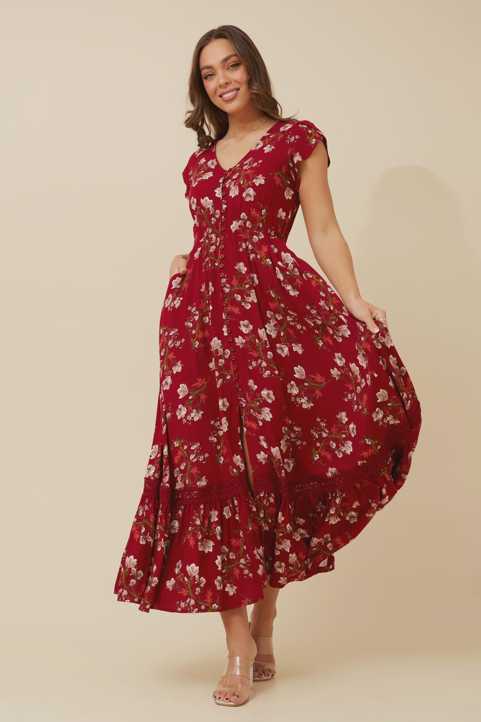 Nightfall Florals Dress | Red Floral Caroline K Morgan