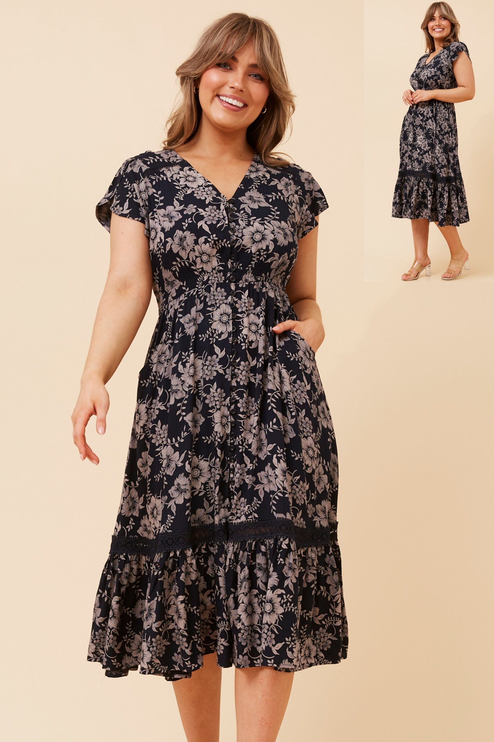 Dusky Midi Dress | Navy Floral Caroline K Morgan