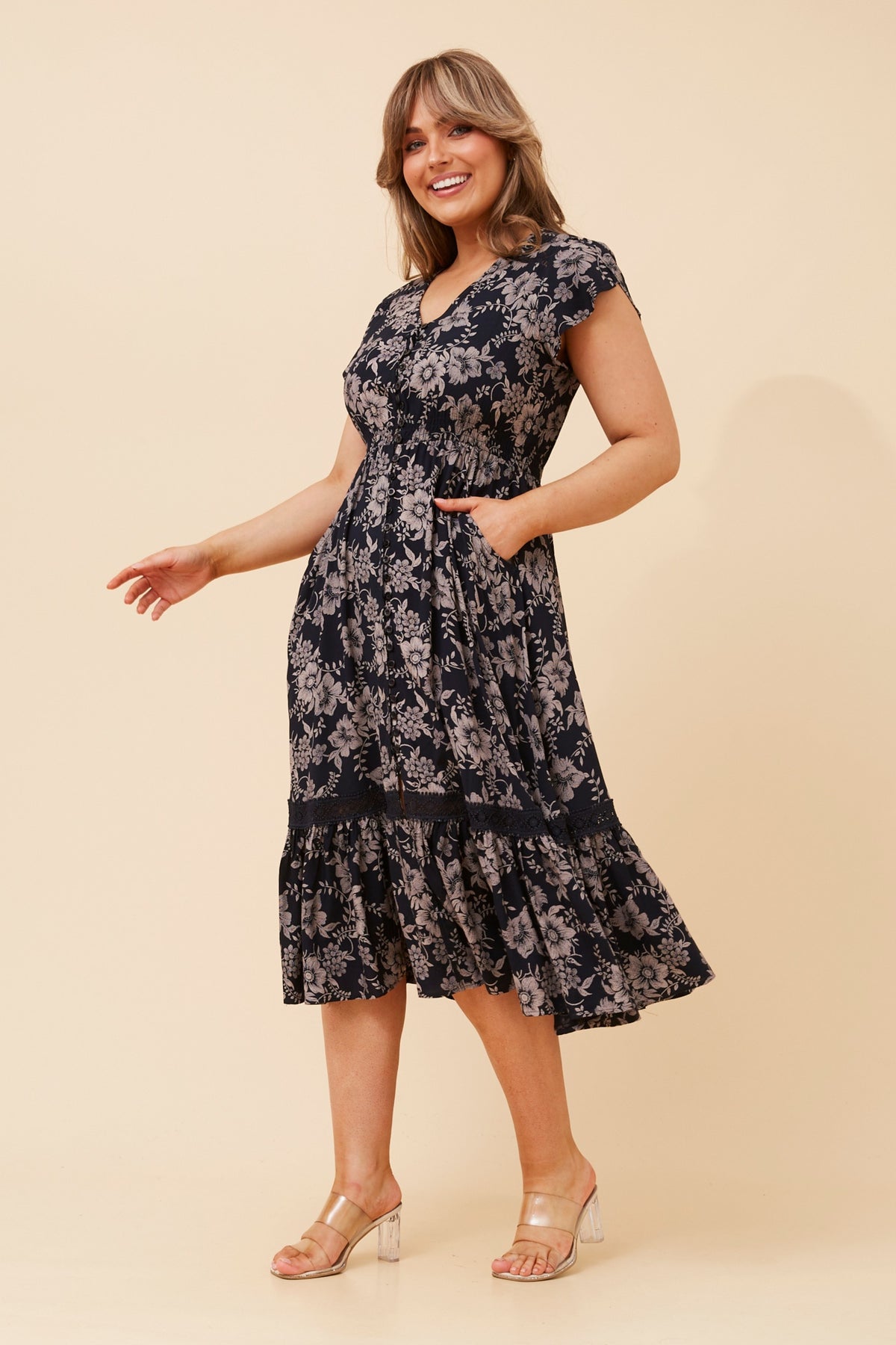 Dusky Midi Dress | Navy Floral Caroline K Morgan