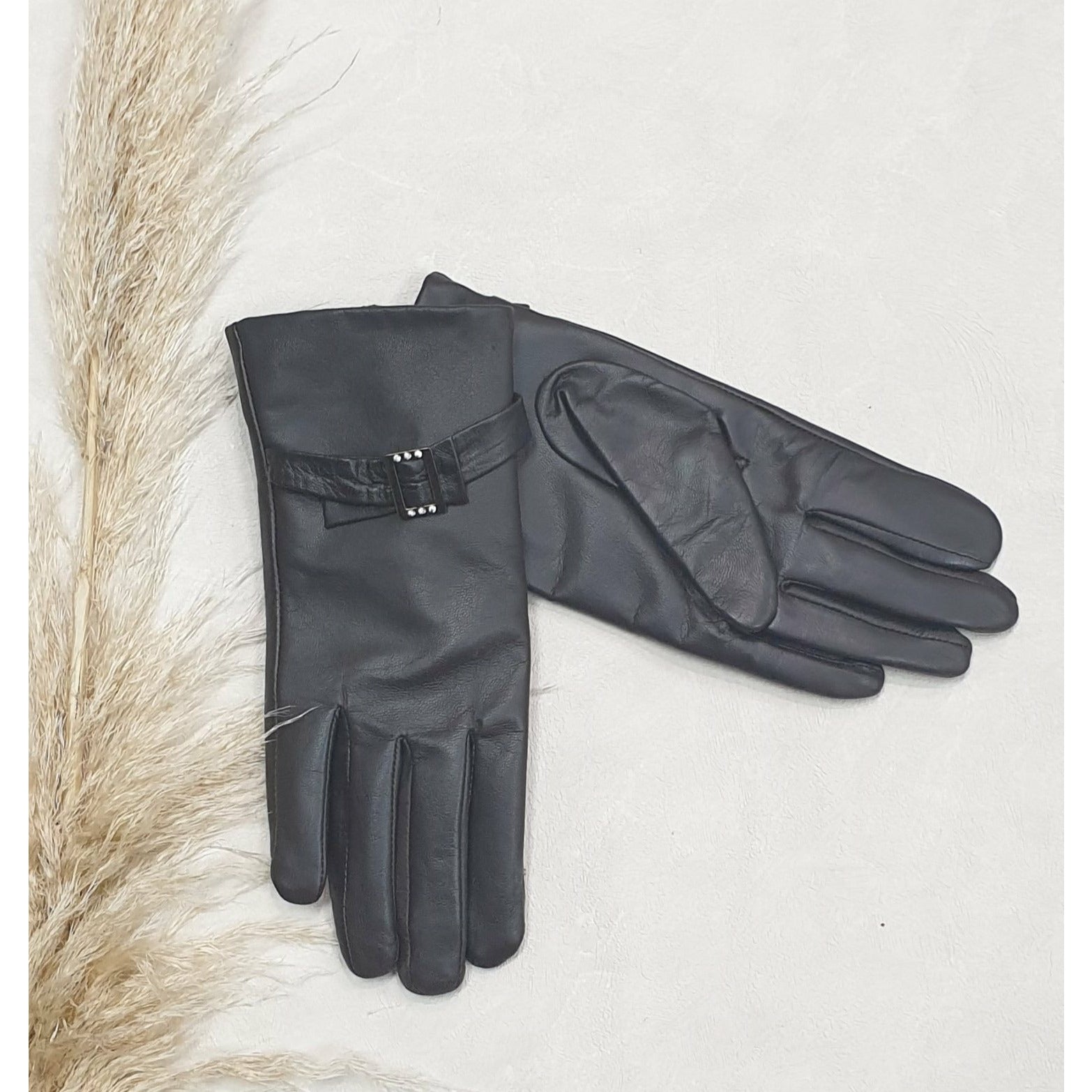 Leather Gloves with Buckle - Brown Size Medium Not specified