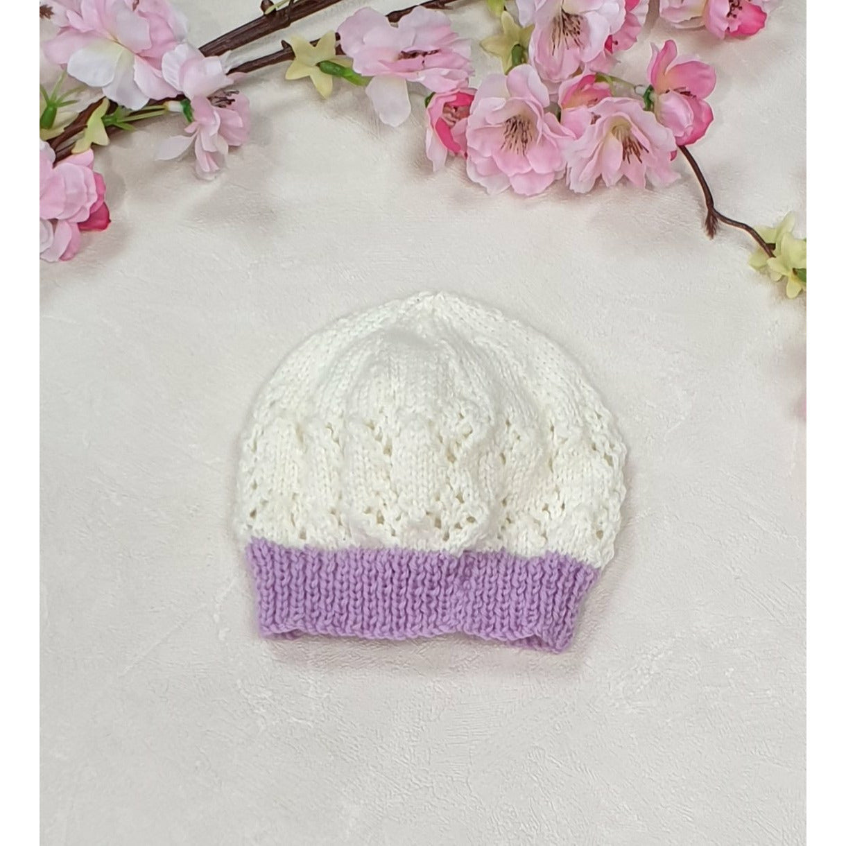 Little Lace Knitted Beanie - White w/ Purple Trim Kode Kids