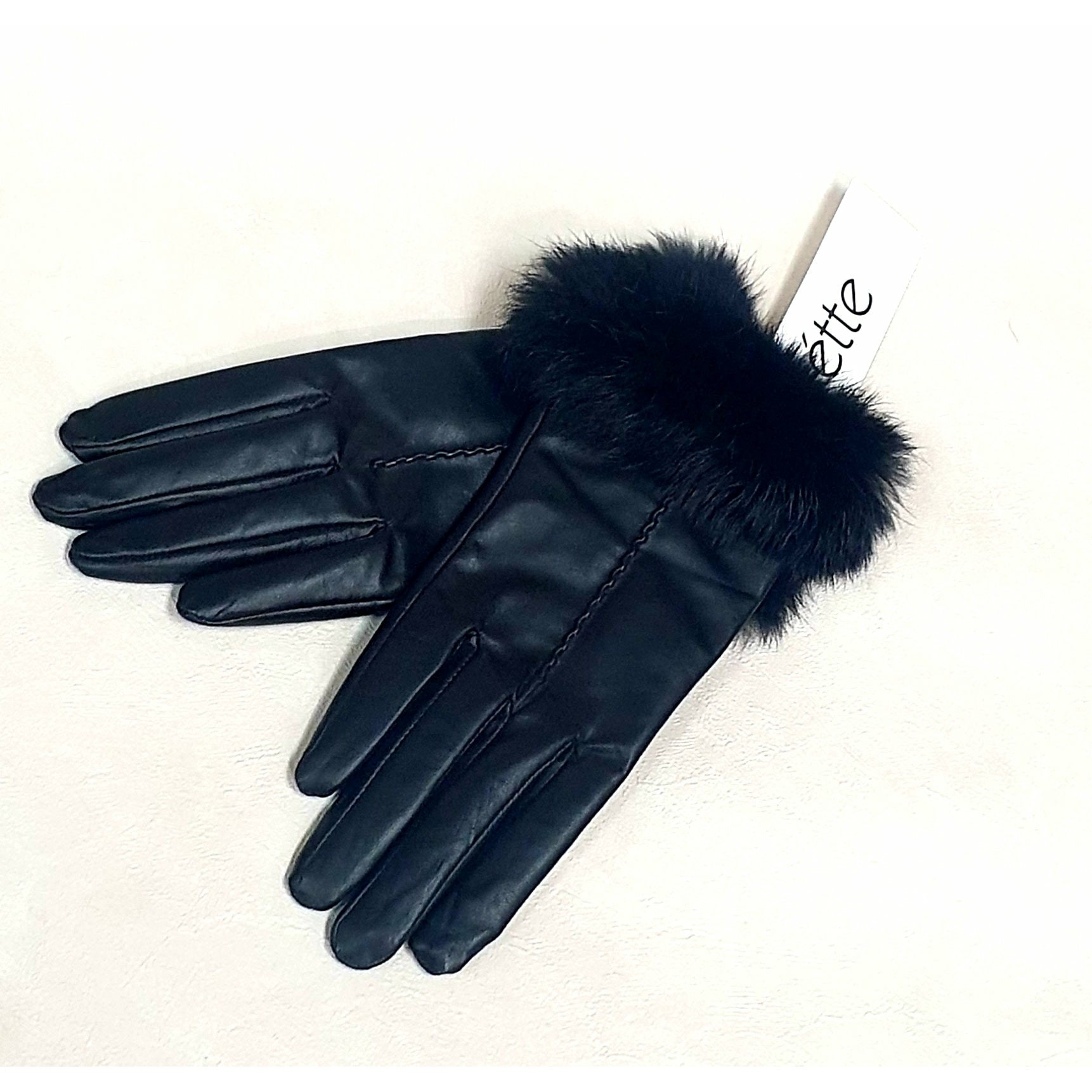 Leather Gloves - Rabbit Fur Trim -Black Size Medium Not specified