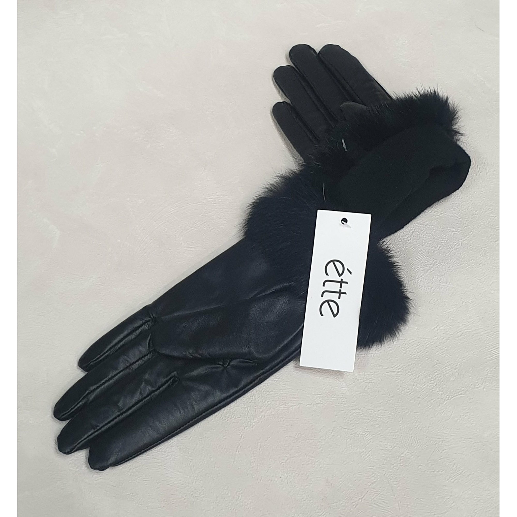 Leather Gloves - Rabbit Fur Trim -Black Size Medium Not specified