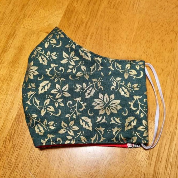 Christmas Face Masks 100% Cotton | Green w/ Gold Poinsettia Kode Kids